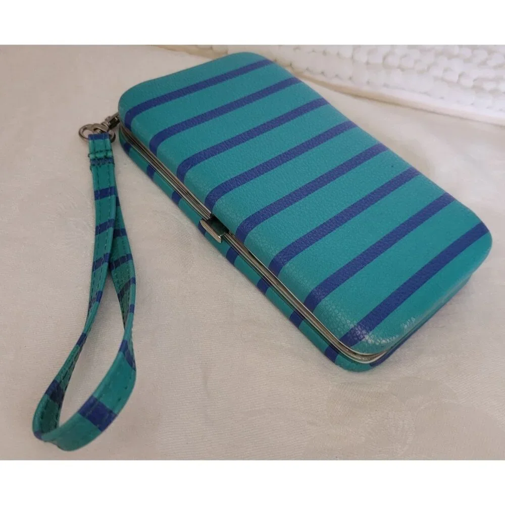 Phone Wallet Blue Turquoise Striped Carrying Strap sectional business coastal